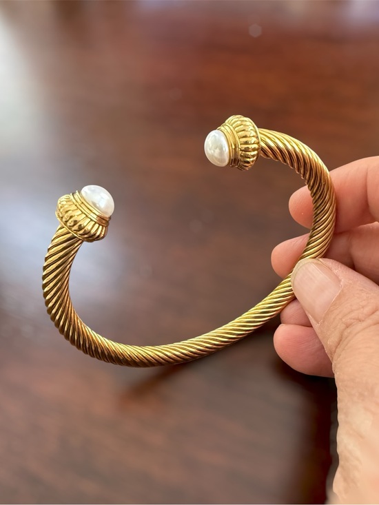 Jewelry - Gold-Tone Twisted Cable Cuff Bracelet with Pearl Endcaps